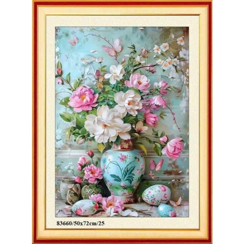 tranh thêu chữ thập bình hoa mẫu đơn VS8084 (50 x72)cm - handmade chưa thêu