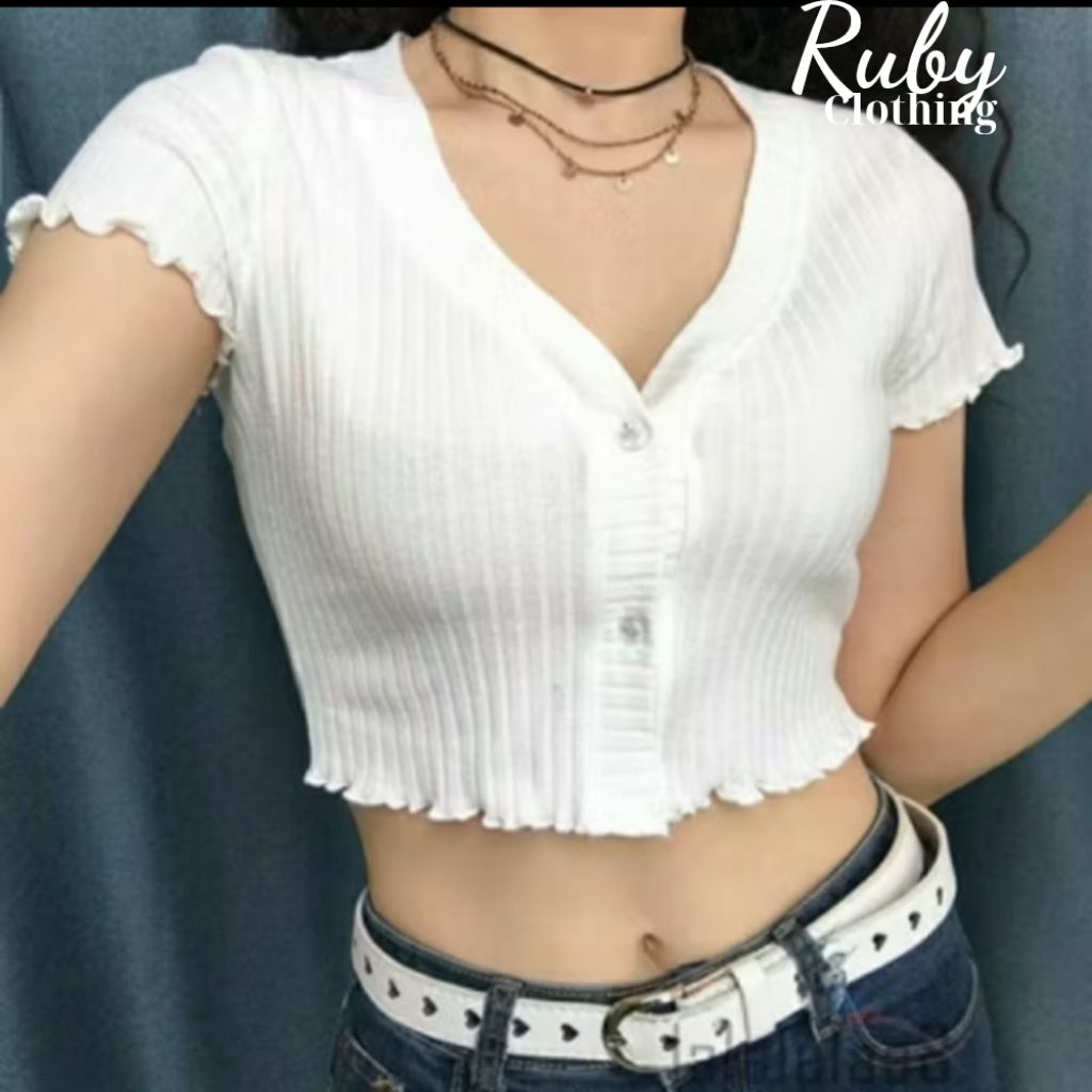 Áo croptop cô V tay ngắn cài nút