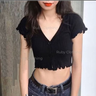 Áo croptop cô V tay ngắn cài nút