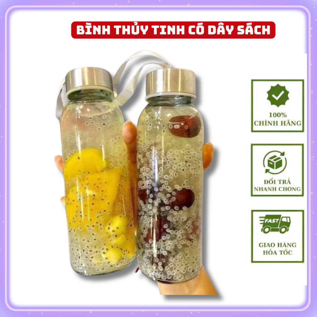 Bình Nước Thủy Tinh có quai, Chai Detox Có Dây Xách 500ml