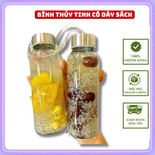 Bình Nước Thủy Tinh có quai, Chai Detox Có Dây Xách 500ml