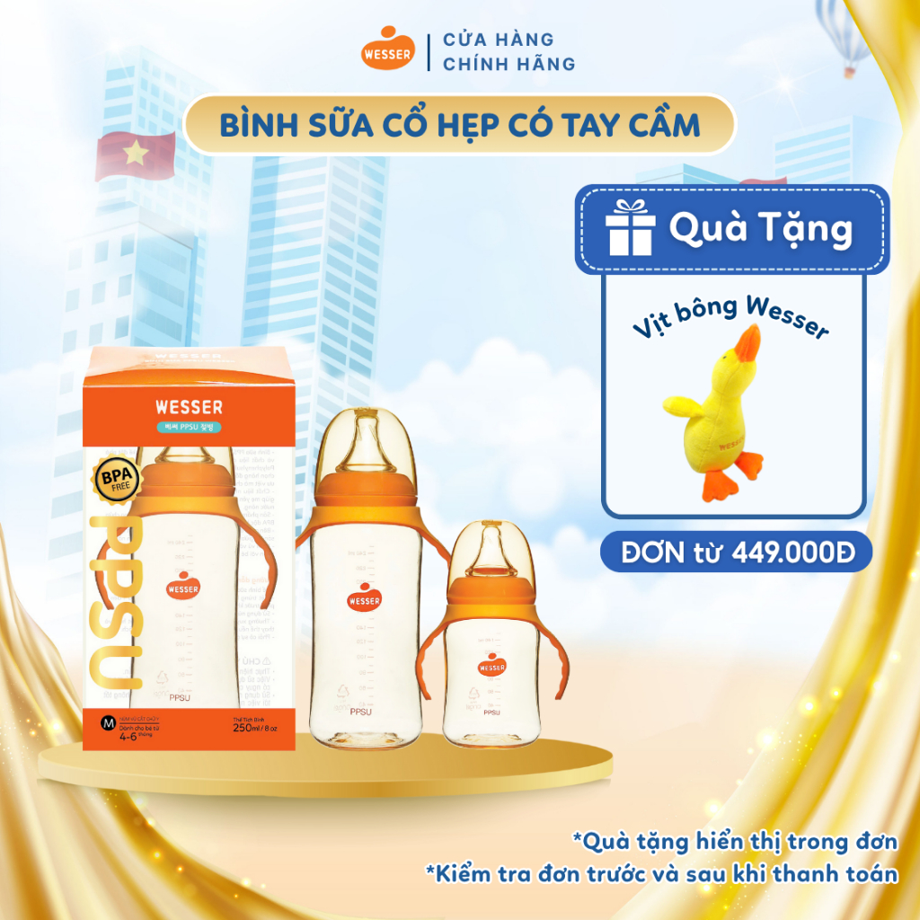 (MỚI) Bình sữa CỔ HẸP PPSU Wesser CÓ TAY CẦM 140ml/250ml (Màu vàng mật ong)