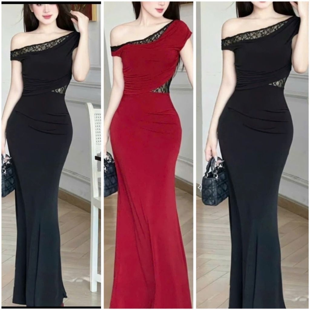 Maxi Thun Body Đuôi Cá Dài Lệch Vai, Váy Dự Tiệc Lazong Phối Ren Tôn Dáng Sang Chảnh AC9