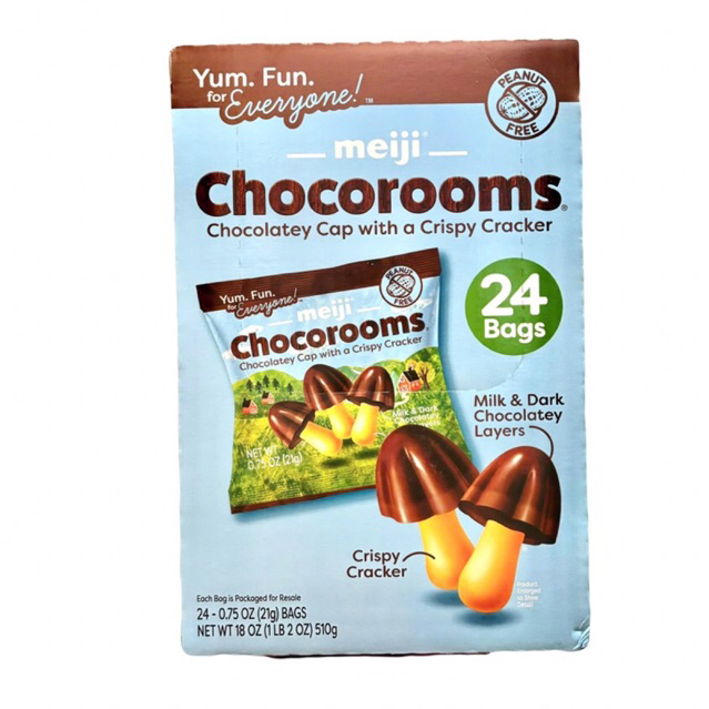 Bánh socola Nấm Meiji Chocorooms Chocolatey Cap with a Crispy Cracket của Nhật hộp 510gr gồm 24 gói