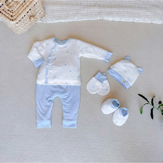 Combo 4 Món Sơ Sinh Boona Sợi Tre Bamboo Eco Hoạ Tiết: Quần Áo Dài Tay + Set Mũ Bao Chân Tay Sợi Tre Pettit Size 0-3 M 