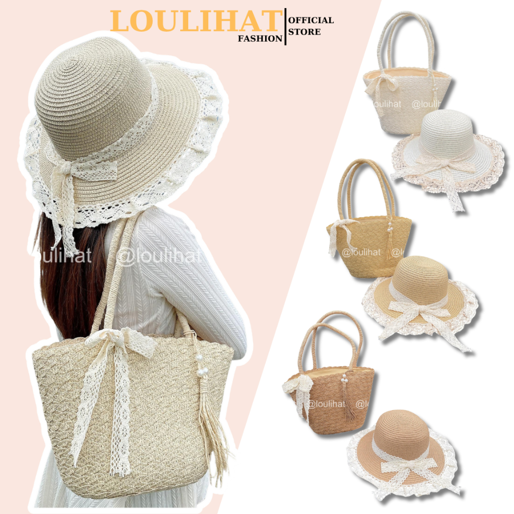 Set cặp 2c nón cói + túi cói bện tua rua ren thắt nơ LOULIHAT, túi cói đi biển đeo vai xách tay có khóa kéo tiện lợi