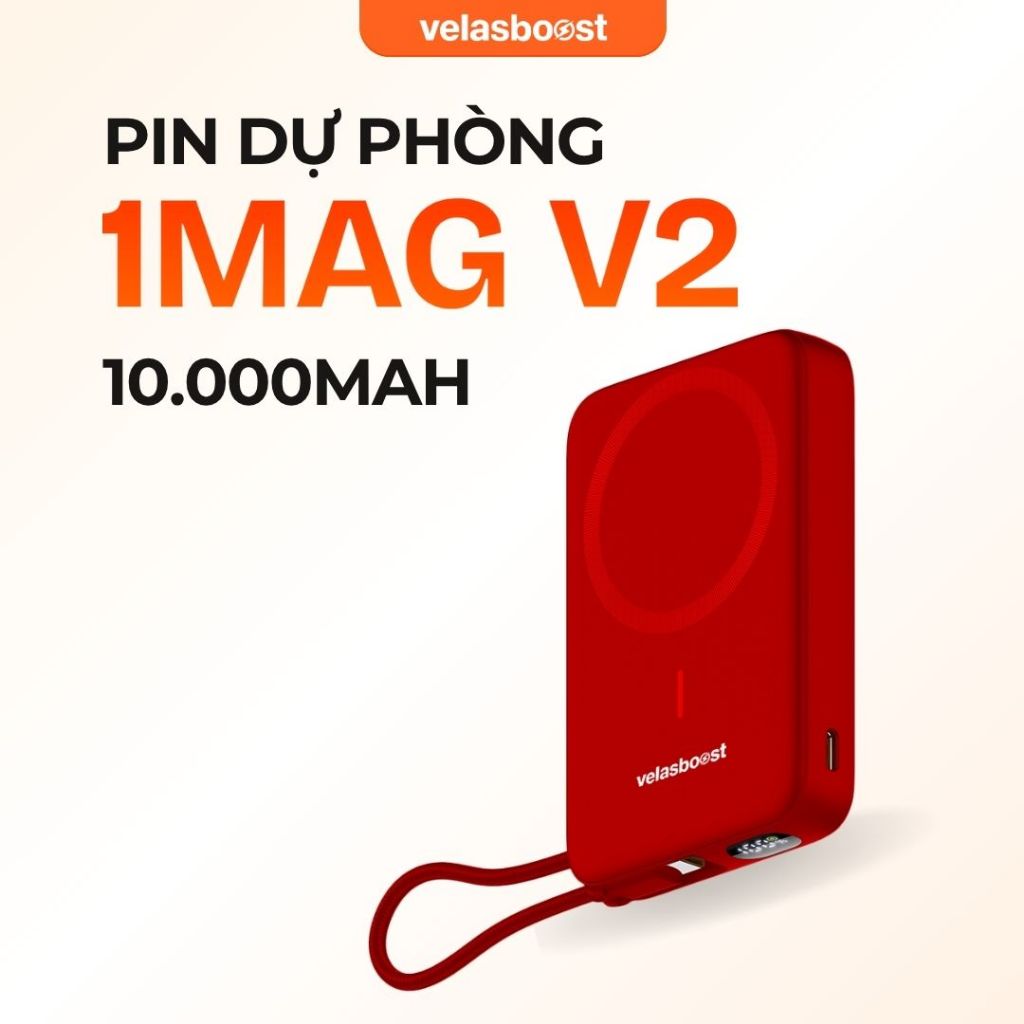 Pin Sạc Dự Phòng 10.000mah Velasboost 1MAG V2, Sạc Nhanh 22,5W, Không Dây 15W, Dây Type C Đi Liền - 