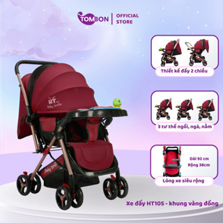 Xe đẩy 2 chiều HT 105 khung vàng đồng, thiết kế đẩy 2 chiều, 3 tư thế ngồi, ngả, nằm cho bé từ sơ sinh