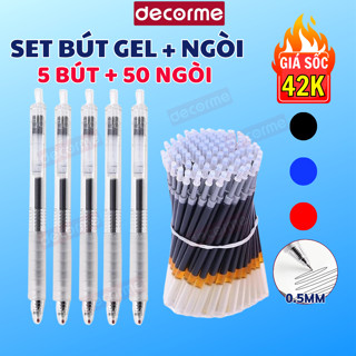   5 bút + 50 ngòi  Bút Gel Basic Ngòi 0.5mm DecorMe bút gel bấm basic thay ngòi 11cm phụ kiện văn phòng phẩm 