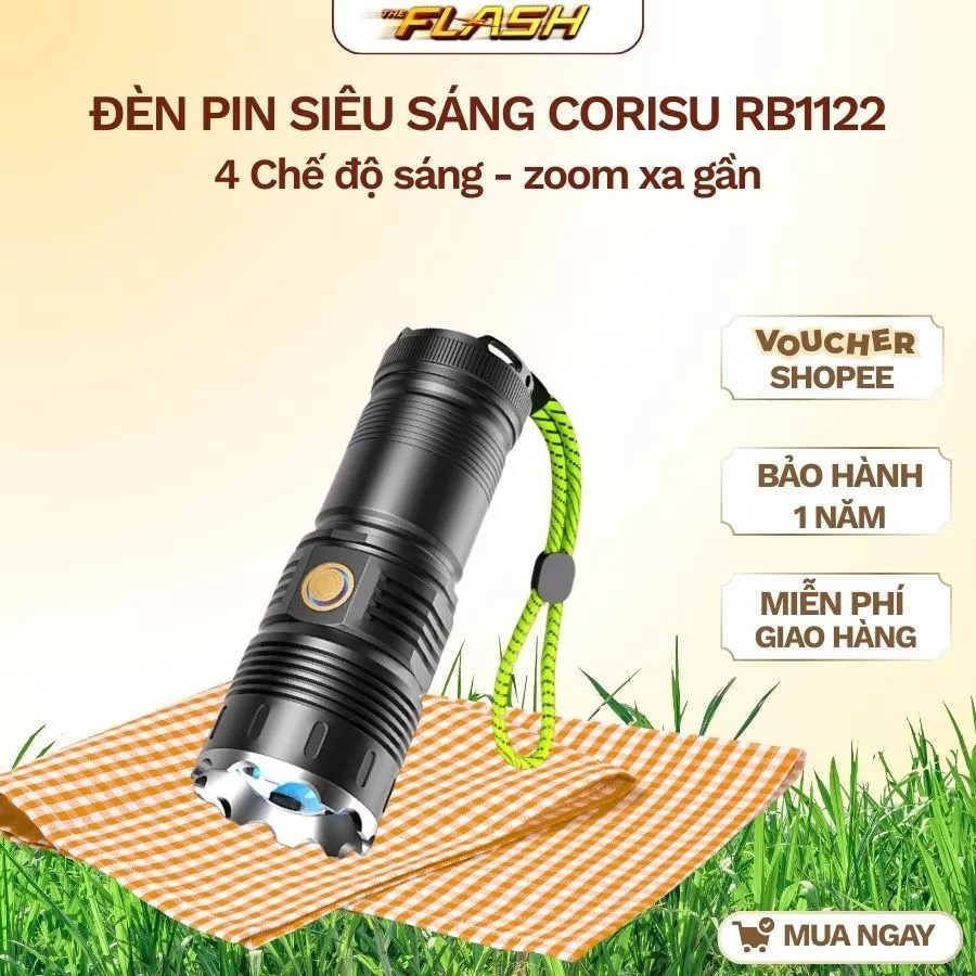 Đèn pin siêu sáng cầm tay CORISU RB1122 zoom xa gần, chiếu xa 500m, chống nước, sạc ngược điện thoại
