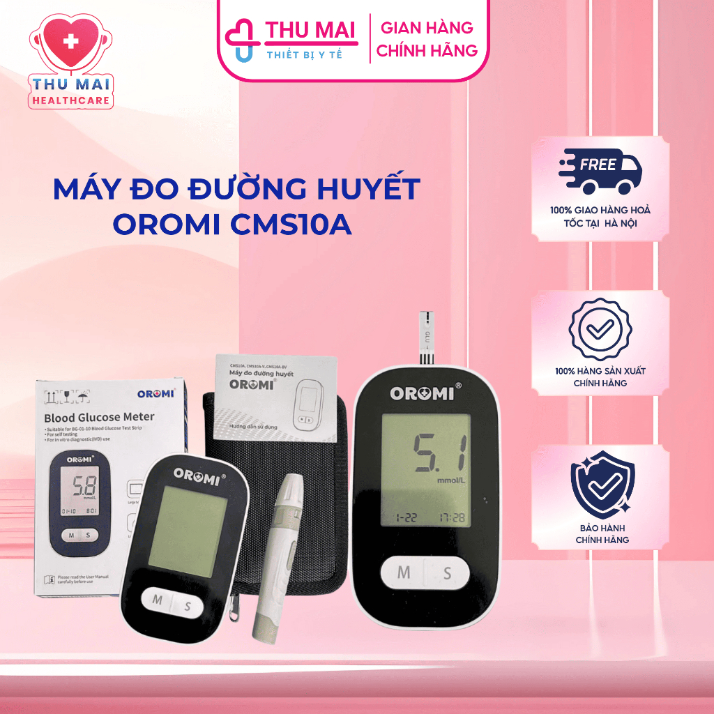 Máy đo đường huyết Oromi CMS10A kèm 50 Que thử + 50 Kim lấy máu - Bảo hành trọn đời