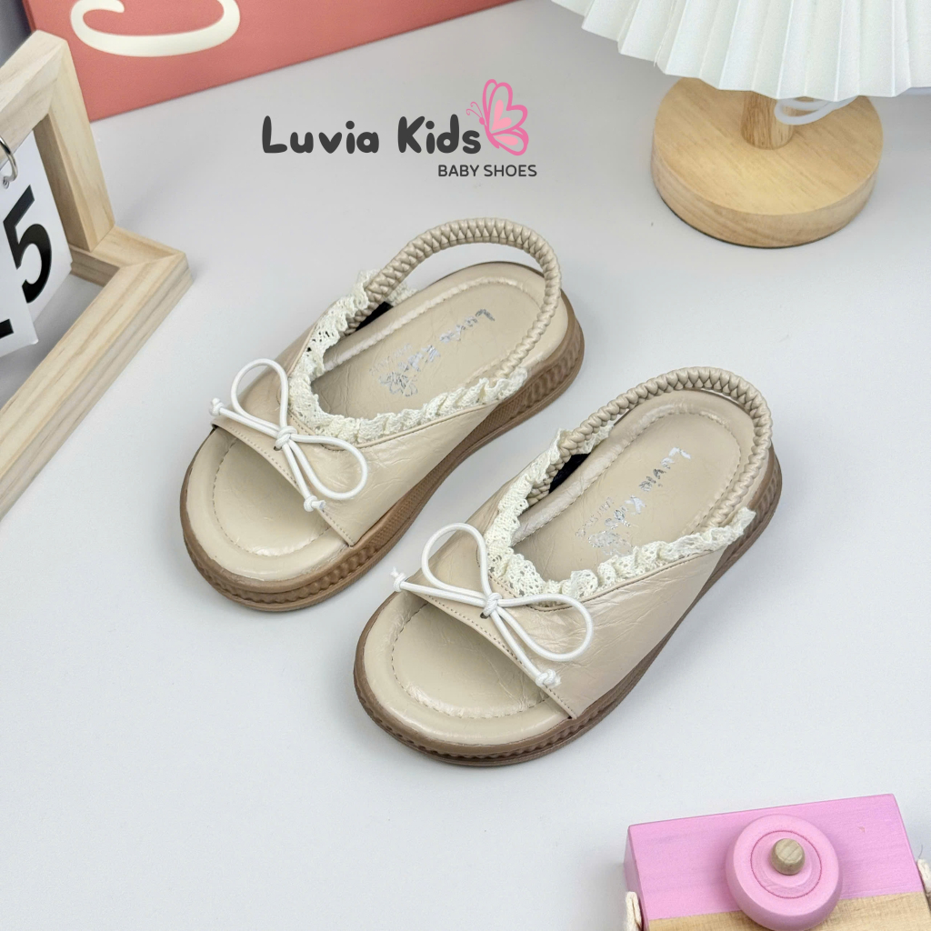 Dép bé gái cao cấp quai hậu thun viền ren phối nơ Luvia Kids 15LK