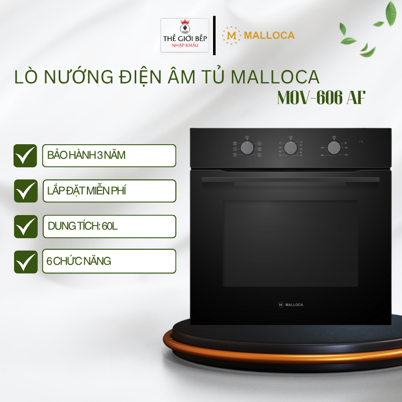 Lò Nướng Âm Tủ Malloca MOV-606 AF – 60L, 6 Chức Năng, Mặt Kính Đen, Tay Nắm Đen, Điều Khiển Cơ