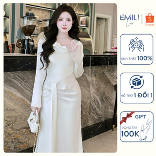 Đầm body lụa trễ vai nhún eo Emili Lux váy body trễ vai dài tay dáng đuôi cá đi tiệc sang trọng [V536]