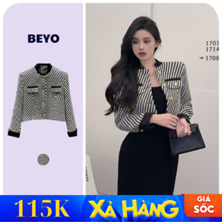 Áo dạ Tweed Beyo áo dạ kẻ nữ có đệm vai cổ tàu 2 lớp dáng ngắn phối tay nhung cúc đồng sang trọng T011