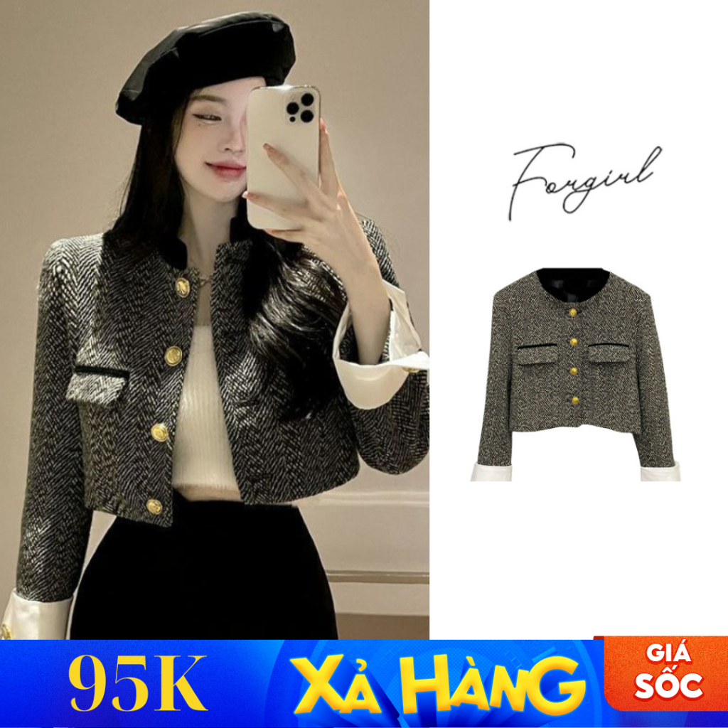 Áo khoác dạ tweed phối tay trắng Forly có đệm vai phong cách Hàn Quốc T041