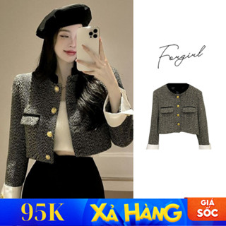 Áo khoác dạ tweed phối tay trắng Forly có đệm vai phong cách Hàn Quốc T041