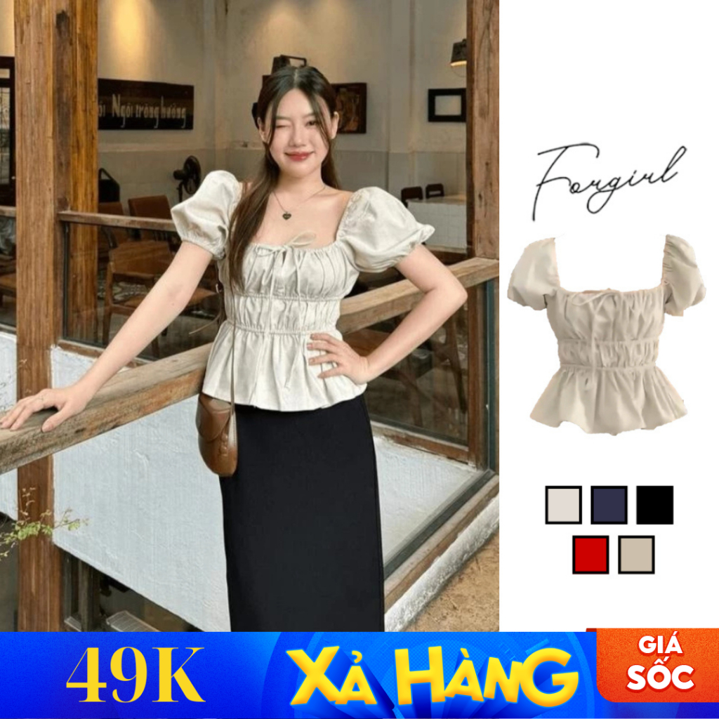  Áo babydoll linen Forgirl áo kiểu cổ vuông nơ ngực bo eo phong cách coquette tiểu thư xinh xắn Giấy HDSD T115 