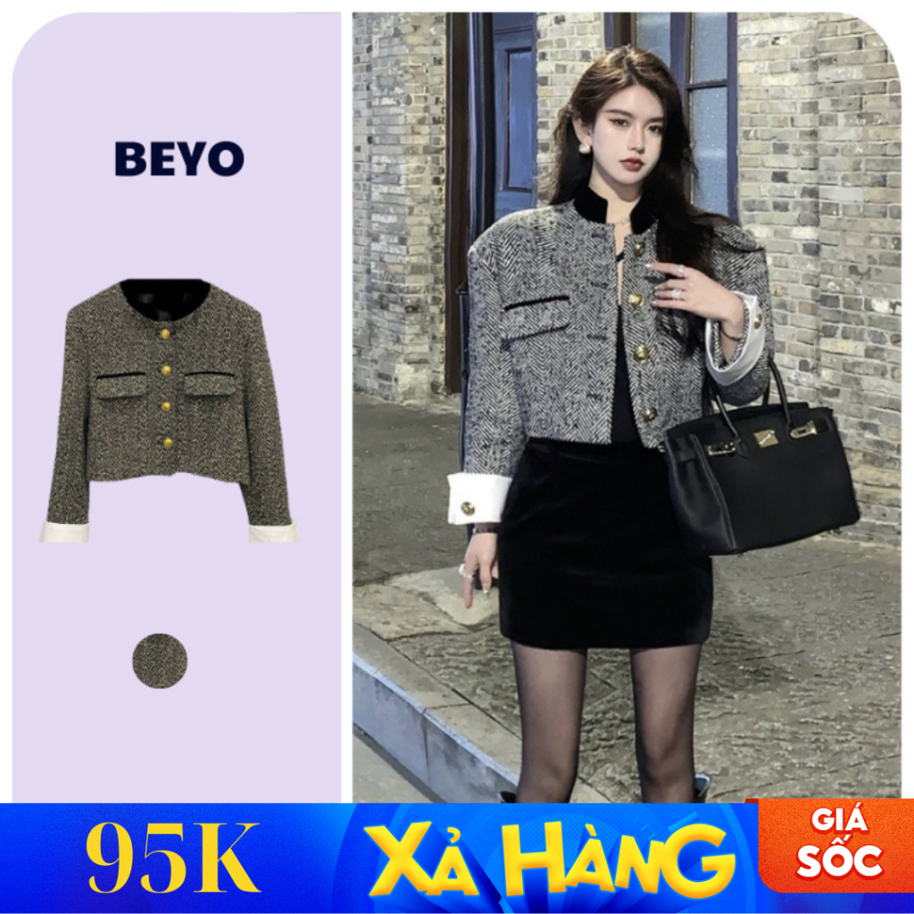 Áo khoác dạ Beyo áo dạ tweed phối tay trắng dáng ngắn phong cách Hàn Quốc năng động T041