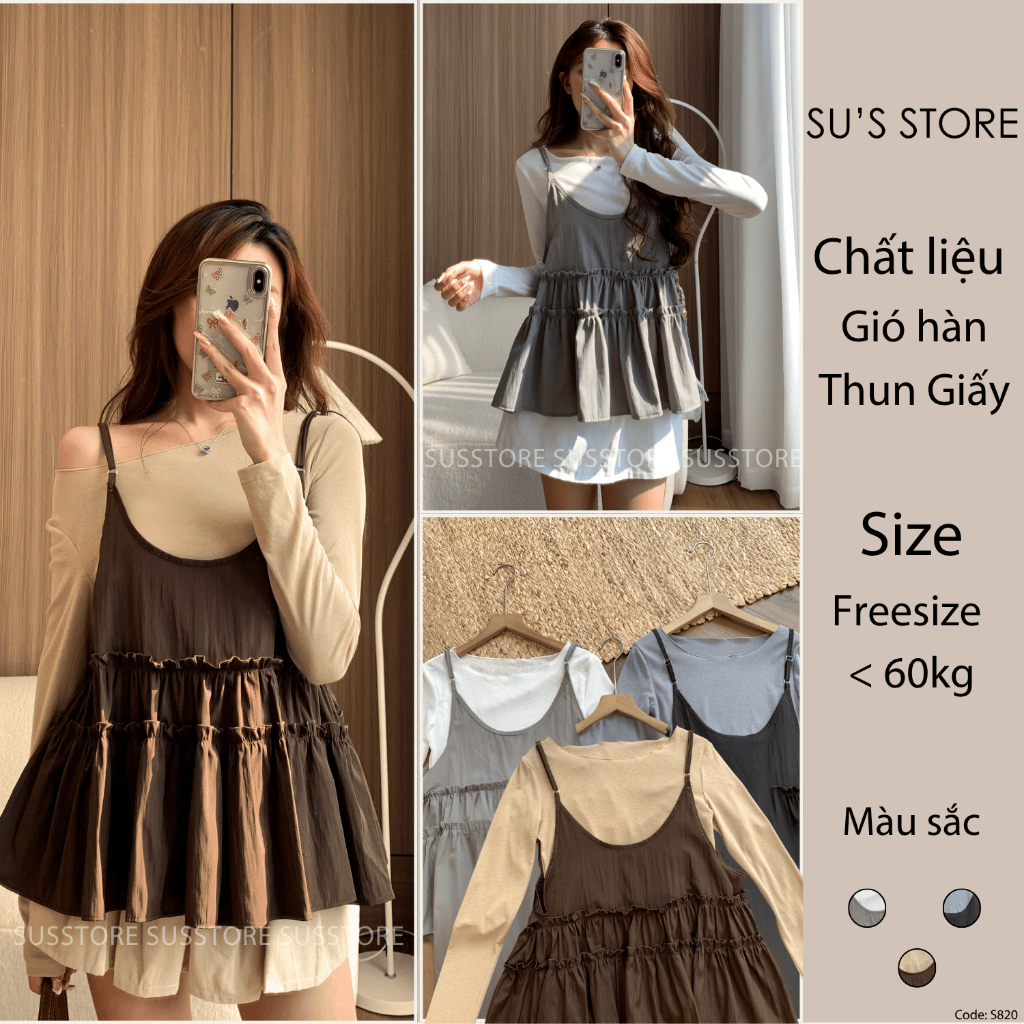 Set Yếm 2 Dây Gió Hàn Bèo Tầng Kèm Áo Thun Giấy S820 Su Chang Thời Trang Nữ