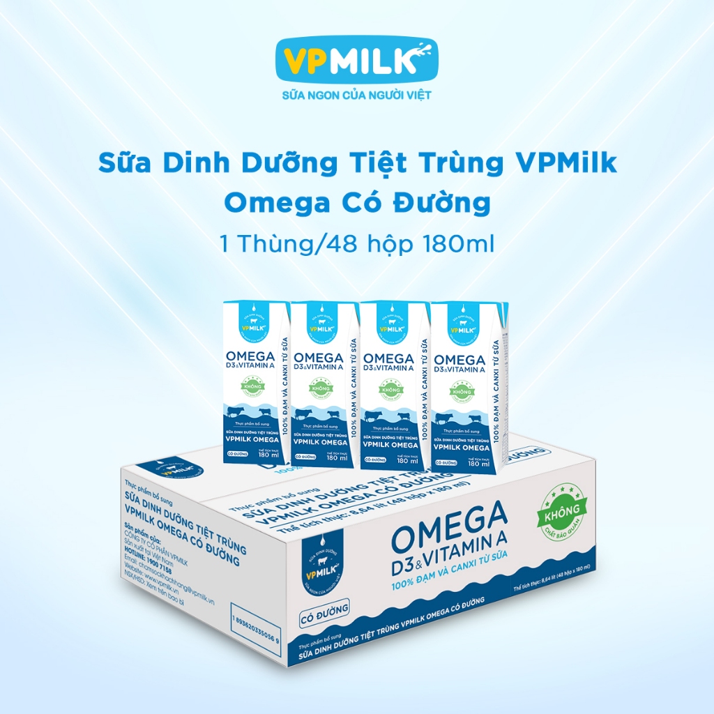 [Thùng 48 hộp 180ml] Sữa Dinh Dưỡng VPMilk Omega Vitamin D3, Canxi Có Đường