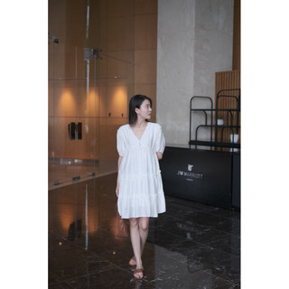Blossom Serenity I Váy babydoll sẵn mút ngực cổ V cúc bọc vải đũi dáng lửng thiết kế tầng xòe bay bổng by SugarCane