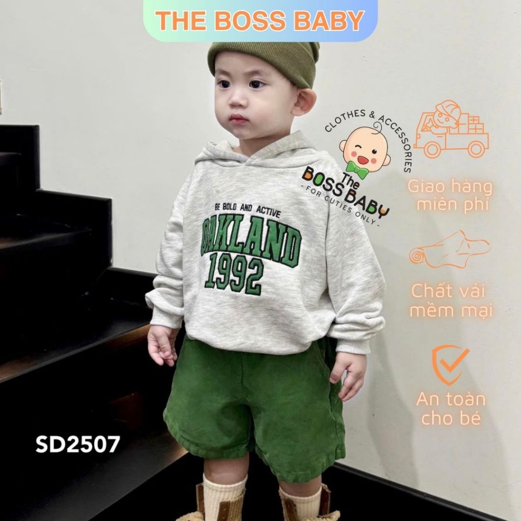 Bộ nỉ mũ quần kaki xanh ghi OAKLAND - Áo nỉ da cá mềm quần kaki 2 da - Thương hiệu The Boss Baby SD2