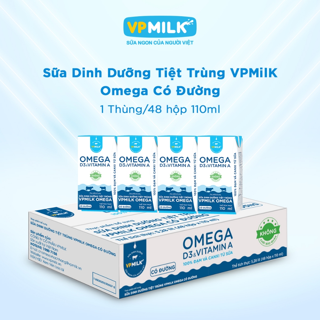 [Thùng 48 hộp 110ml] Sữa Dinh Dưỡng VPMilk Omega Có Đường,vitamin D3,Canxi