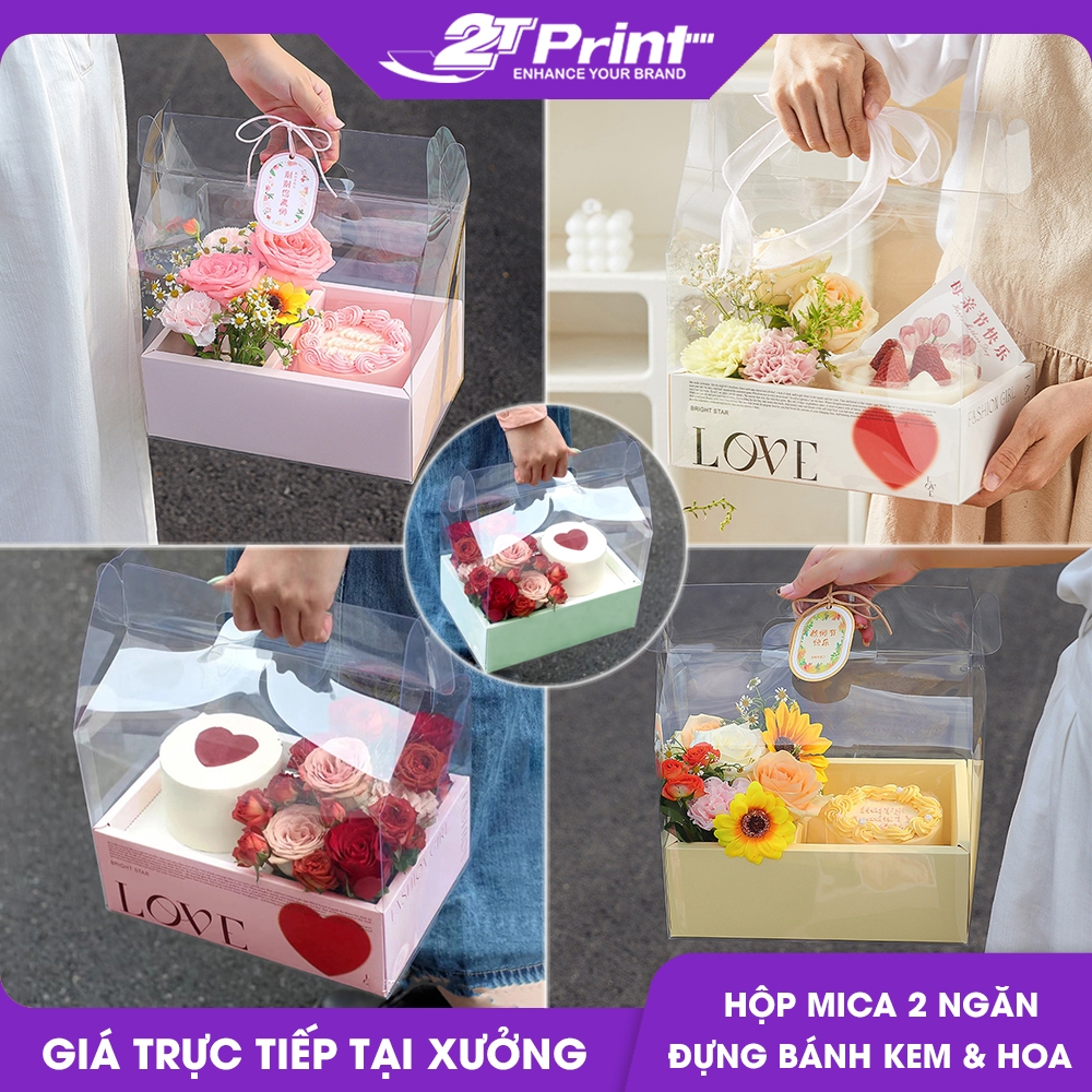 Set 5 Hộp Mica 2 Ngăn Đựng Bánh Kem Và Hoa, Quà Tặng Handmade, Có Quai Xách, Kèm Đế, Đủ Màu Cao Cấp