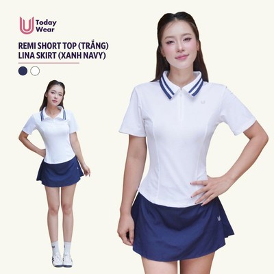 Set bộ đồ nữ áo Remi Top cộc tay trắng mix chân váy Lina Skirt xanh navy trẻ trung năng động