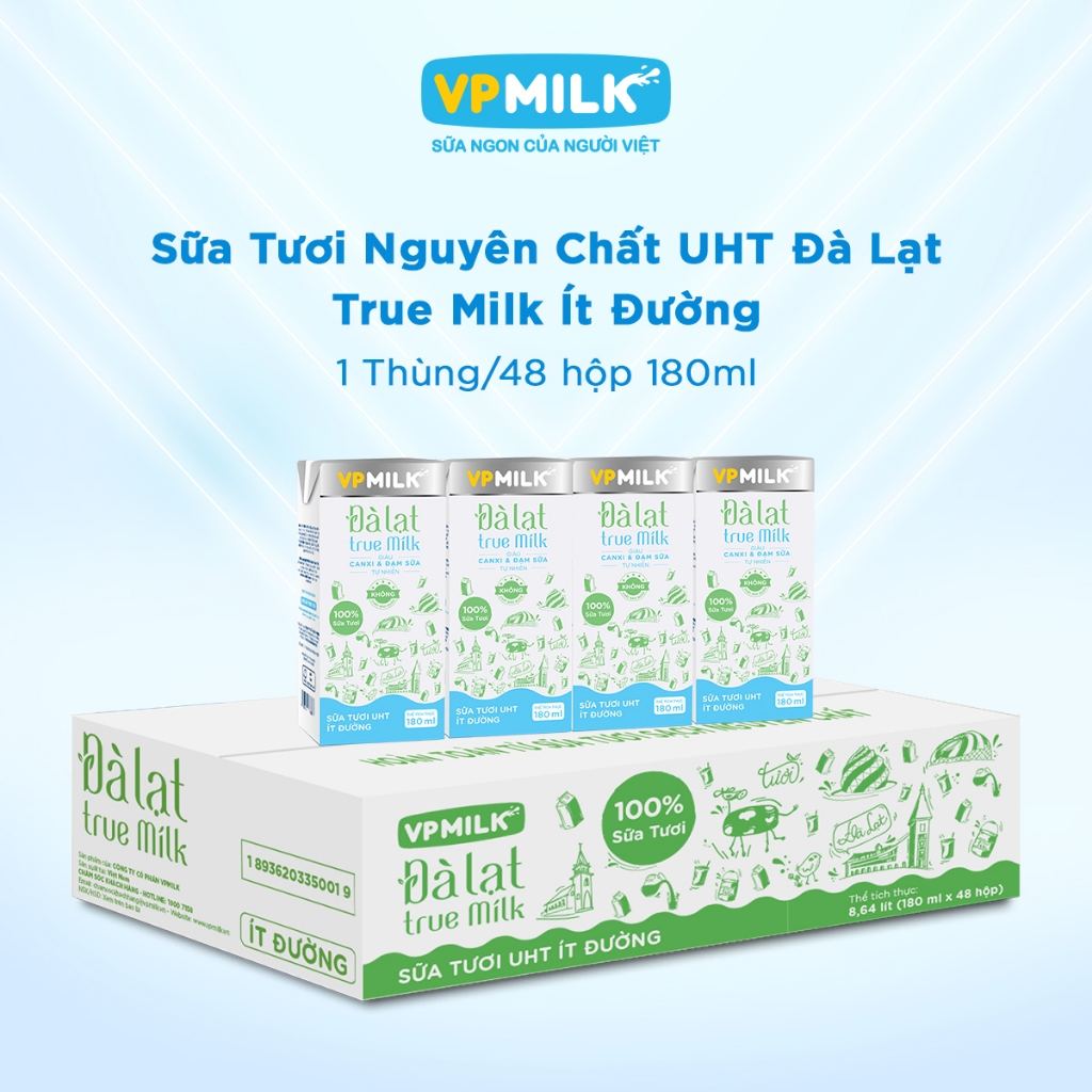   Thùng 48 hộp 180ml  Sữa tươi VPMilk Đà Lạt True Milk Ít Đường giàu Canxi đạm sữa 