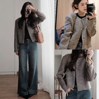  Áo dạ nữ A.782 Áo dạ tweed dày cổ tròn tay dài vạt vuông không túi dáng lửng phối cúc đồng basic - Shop Chấm Bi 