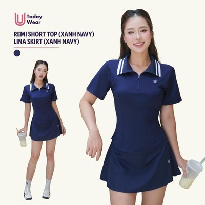 Set bộ đồ thể thao nữ áo Remi  chân váy Lina xanh navy Today U Wear ôm body co dãn thoải mái