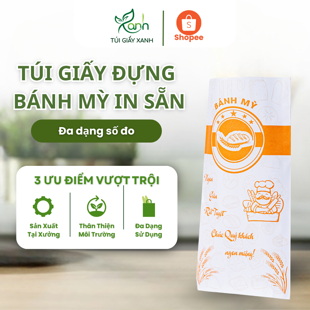 1000 chiếc Túi giấy 25*13cm đựng bánh mì pate in mẫu sẵn màu trắng cam, chất liệu cao cấp loại 1