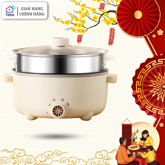 Nồi Lẩu Điện Mini Đa Năng 2 Tầng Kèm Giá Hấp Lớn 28cm Dung tích 3L Chống Dính Cao Cấp, 2 Mức Nhiệt