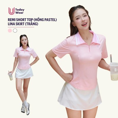 Set bộ đồ thể thao nữ áo Remi hồng mix chân váy Lina trắng Today U Wear trẻ trung thoải mái