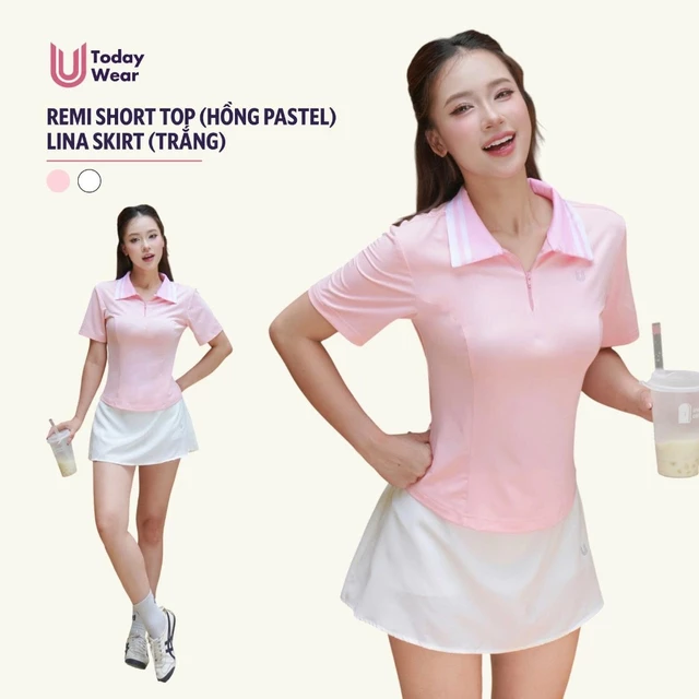 Set bộ đồ thể thao nữ áo Remi hồng mix chân váy Lina trắng Today U Wear trẻ trung thoải mái