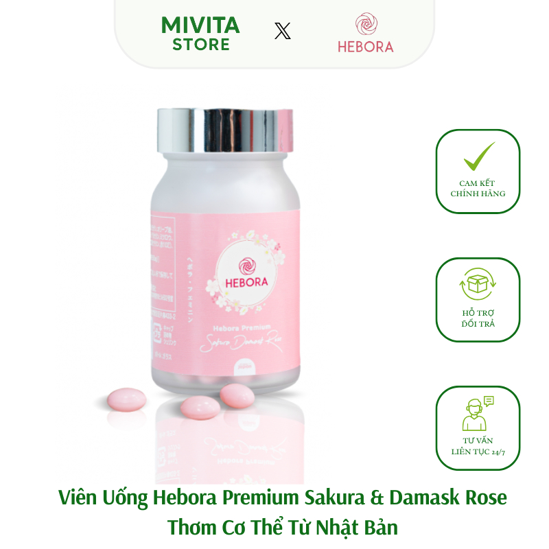 Viên Uống Hebora Premium Sakura & Damask Rose Thơm Cơ Thể Từ Nhật Bản Hộp 60 viên