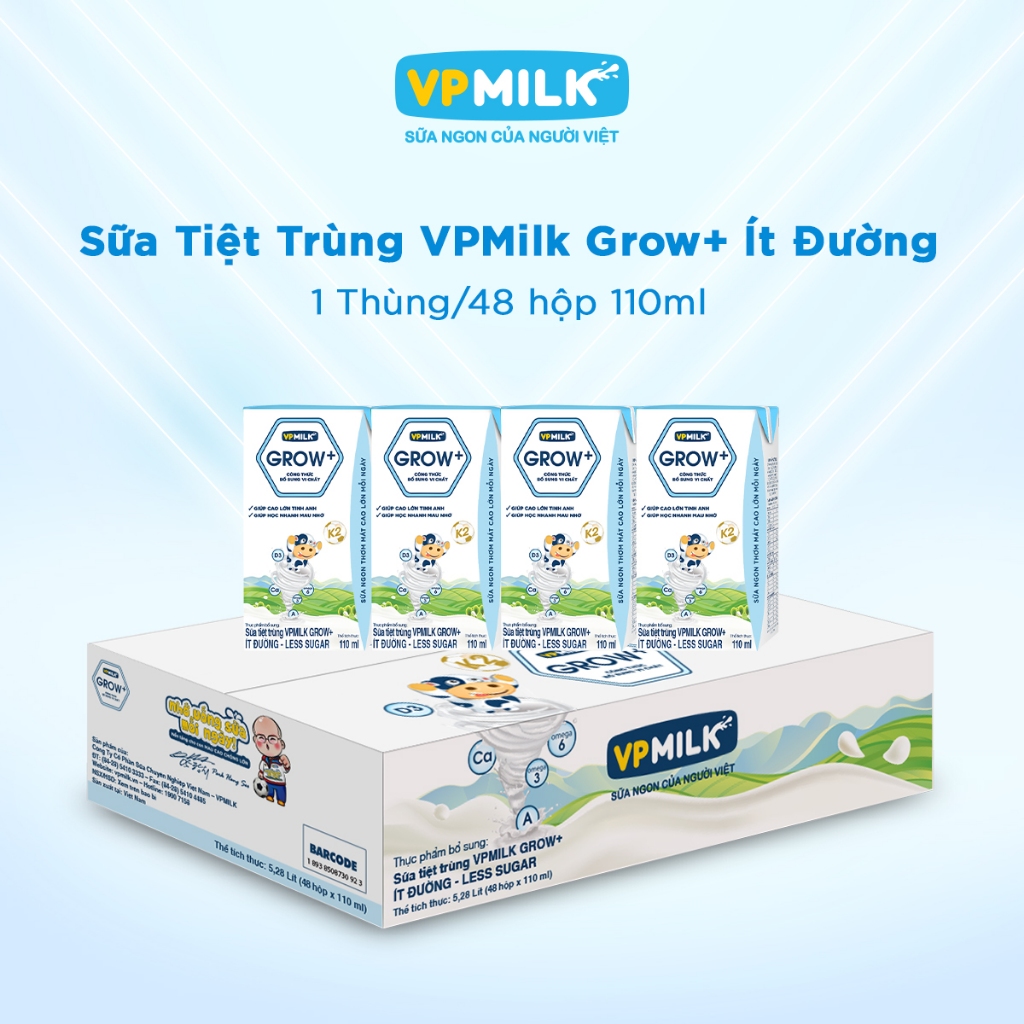 [Thùng 110ml Ít đường] Sữa VPMIlk Grow+, sữa ngon, bé thích, phát triển toàn diện