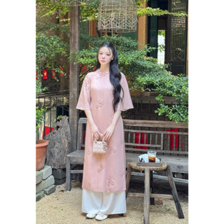 Áo dài nữ cách tân 4 tà Giian thiết kế cổ tròn đính hoa phối tay lỡ, họa tiết thêu cao cấp vải tơ mềm AD0003