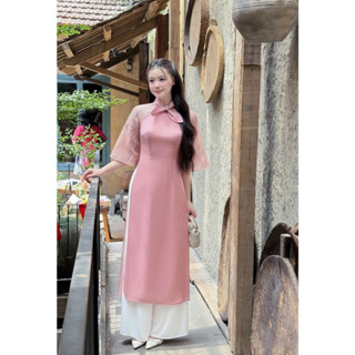 Áo dài cách tân dáng ôm Giian thiết kế 4 tà cổ nơ đính họa tiết cao cấp phối tay tơ AD0005