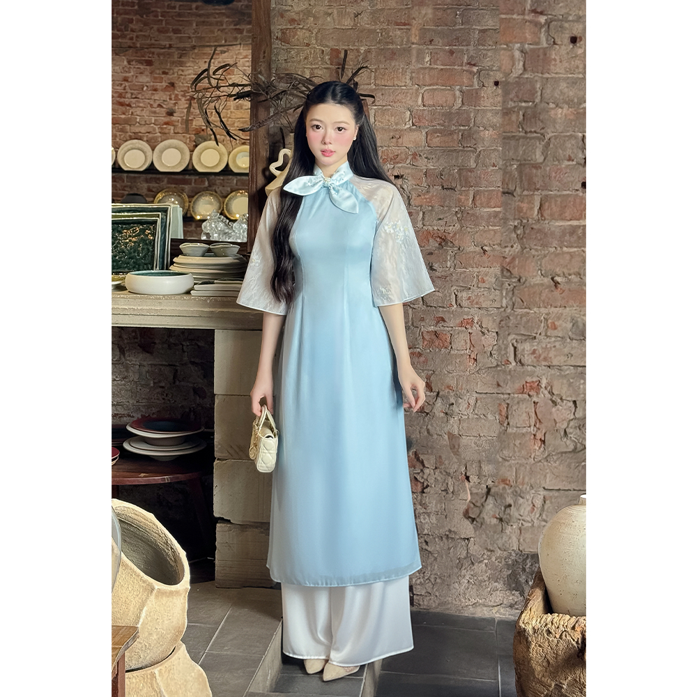 Áo dài nữ cách tân 4 tà Giian thiết kế cổ nơ đính ngọc thủ công phối tay tơ họa tiết, dáng ôm chiết 