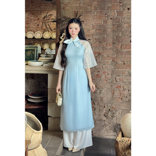 Áo dài nữ cách tân 4 tà Giian thiết kế cổ nơ đính ngọc thủ công phối tay tơ họa tiết, dáng ôm chiết ly tôn dáng AD0005