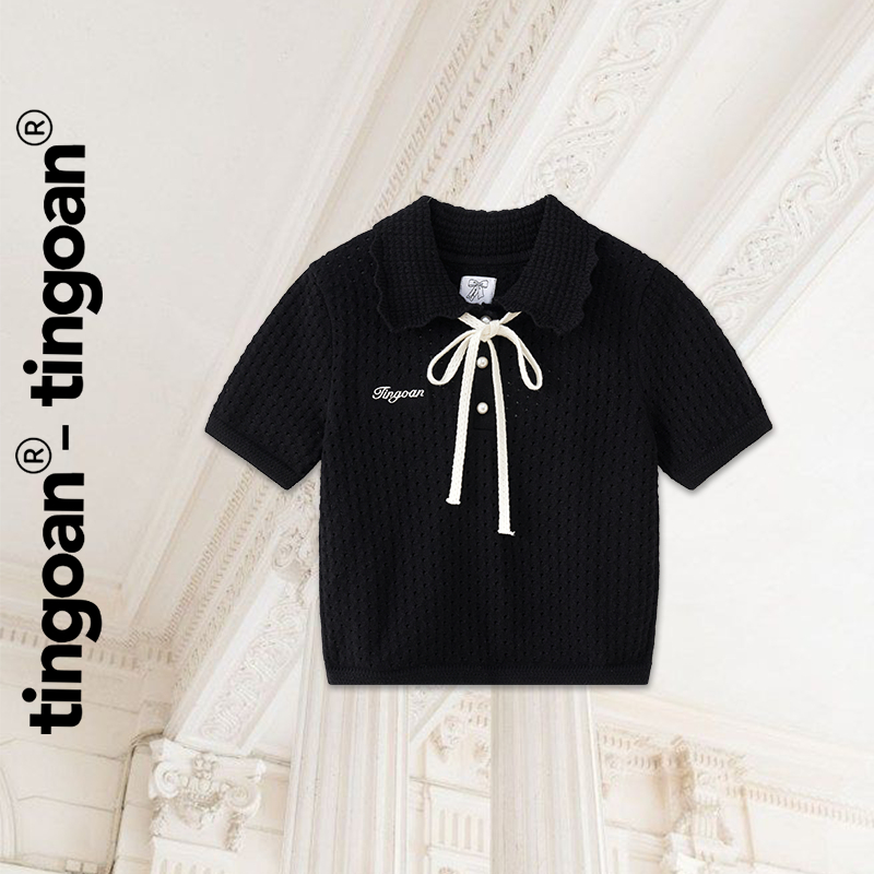 TINGOAN® - Áo len đen vân lỗ phối cổ bẻ dây nơ cổ YOO YOO TOP/BL