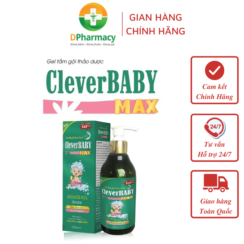 Gel tắm gội thảo dược cho bé Clever Baby Max, hỗ trợ ngừa rôm xẩy, mẩn ngứa, dị ứng ngoài da, 275ml