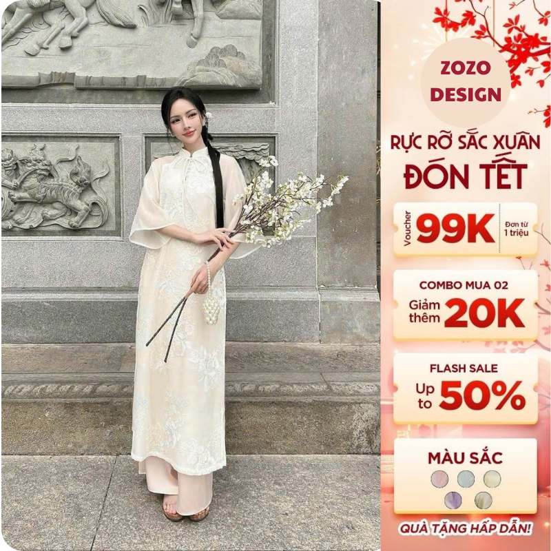 Áo dài cách tân 4 tà chất liệu lụa bóng phối tay tơ Oranga may bọc đường may - Zozo Design Z85