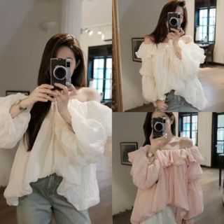  Áo trễ vai nữ voan bèo dài tay dáng bồng bềnh Áo hở vai điệu đà tiểu thư - Dành cho nữ 