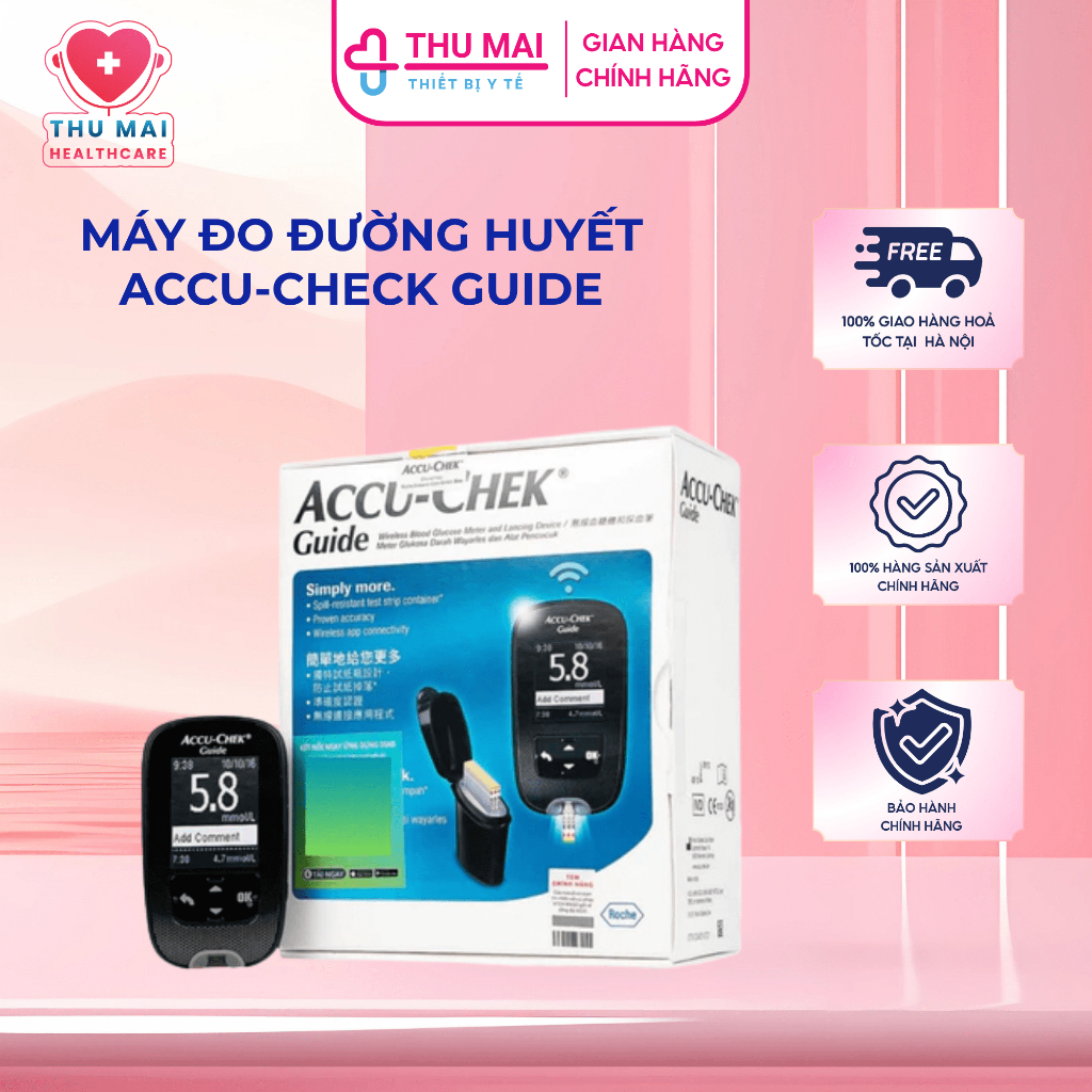 Máy đo đường huyết Accu-Check Guide + Kèm 25 que test thử máu và 6 kim lấy máu