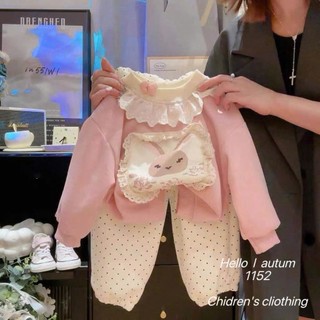  Bộ bé gái thỏ hồng chất nỉ 2 da dày dặn cổ áo phối ren quần bo gấu 10-20kg 