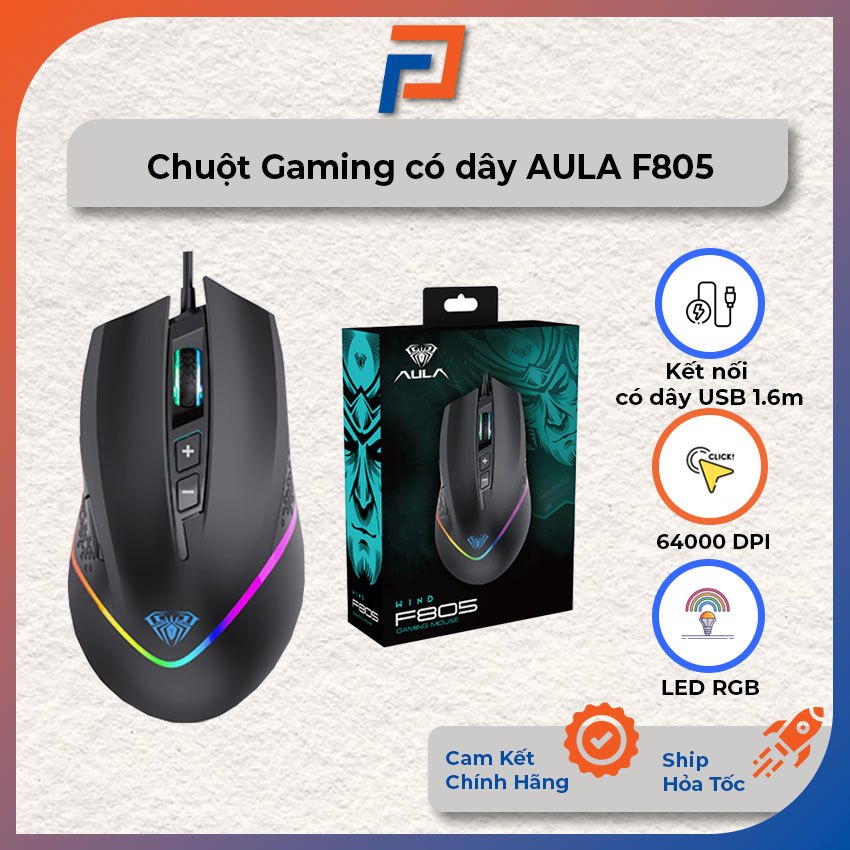 Chuột gaming có dây Aula F805 - Bảo hành 24 tháng chính hãng - Đầy đủ phụ kiện từ NSX